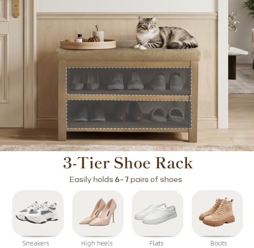 Zihanhome 2 Tier Shoe Rack Bench with Cushion, Solid Wood Shoe Benches, Mid-Century Modern Shoe Storage Bench for Entryway, Hallway, Living Room, Closet, Front Door Entrance, (Brown, 31.5") - Image 6