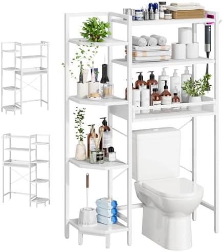 K1 Heavy Duty 7-Tier Over The Toilet Storage（With Basket and Paper Hook）Freestanding Above Toilet Shelf with Adjustable Feet，Space Saver Bathroom Shelves 9.3"D x 33.5"W x 63.8"H，Beige White by Roxibelt