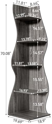 LITTLE TREE 70-Inch Corner Shelf, Seaweed Shaped Etagere Display Bookshelf, Freestanding 5-Tier Wall Shelves for Small Spaces, Living Room, Bedroom, Grey, 1 Pack - Image 3