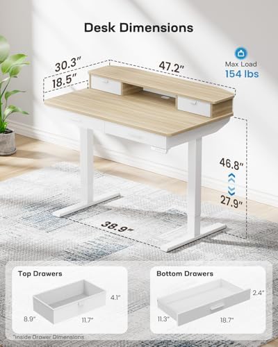 HUANUO 48 x 30 inch Electric Standing Desk with 2 Wood Drawers, Adjustable Height Sit Stand Desk for Home Office, Ergonomic Stand up Desk with 4 Memory Presets, 176 lbs Capacity, Natural Top - Image 3