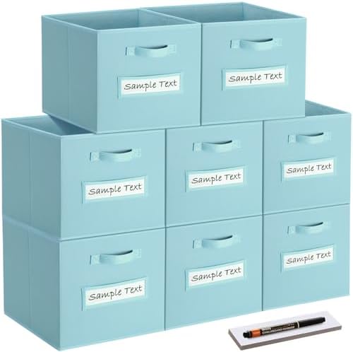 Fabric storage cubes (8 Pack) 11 Inch Cube Storage Bin, cube organizer bins with 8 Labels Window Cards & a Pen, Foldable cube organizer bins and Fabric Storage Box, Sky Blue by Artsdi