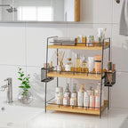 Wood 3 Tier Bathroom Counter Organizer with Side Baskets Fits Tall Bottles - Image 5