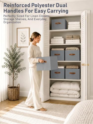 8 Pack Large Closet Storage Baskets Bins for Shelves, Collapsible Fabric Closet Organizers and Storage with Polyester Handles, Decorative Baskets for Organizing Clothes, Towels, Linen Closet 14"x10" - Image 2
