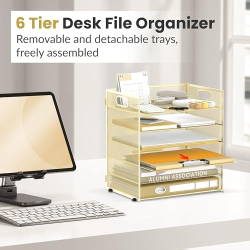 Daltack 6-Tier Paper Organizer for Desk with Handle, Gold - Image 5