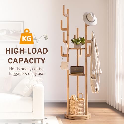 Yoobure Rotary Coat Rack Freestanding - Solid Wood Coat Tree with 9 hooks & 3 Storage Shelves for Purse, Bag, Jacket, Hat, Corner Hanger Stand Racks for Hall, Entryway, Office, Modern Clothes Holder - Image 6