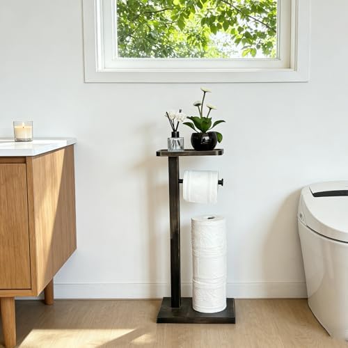 Bamboo Freestanding Bathroom Toilet Paper Holder Stand with Phone Shelf and Storage, Holds 3 Extra Mega Rolls(Balck) - Image 5