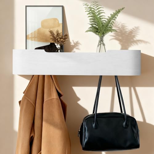 Coat Rack Wall Mount with Shelf Entryway Shelf Modern Key Holder Hanger Wall Shelves with Hidden Hooks for Hanging Towels Coats Hats Bags for Hallway Bathroom Bedroom (White, 5 Hooks) by FURNAWAY
