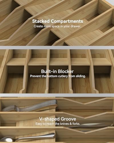 Expandable Utensil Drawer Organizer for Silverware,Bamboo 12 Slot - Image 4