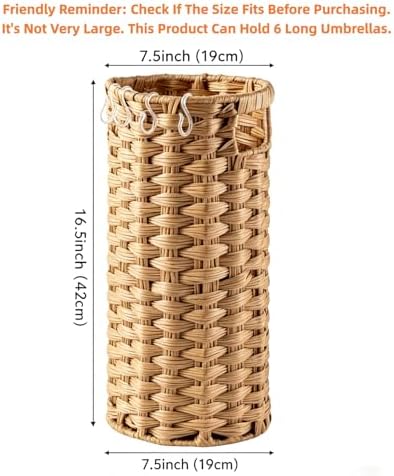 Rattan Umbrella Stand for Entryway,Hand-Woven Umbrella Holder Indoor with Doormat, Removable Drip Tray & 4 Hooks,Waterproof Umbrella Storage Basket - Image 2