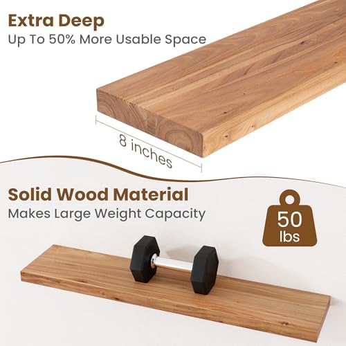 Floating Shelves for Wall Decor, 8" Deep Rustic Solid Elm Wood Floating Shelves Wall Mounted, Wall Shelves with Invisible Bracket for Living Room Bathroom Bedroom Kitchen, 36 Inch Set of 2, Natural - Image 5