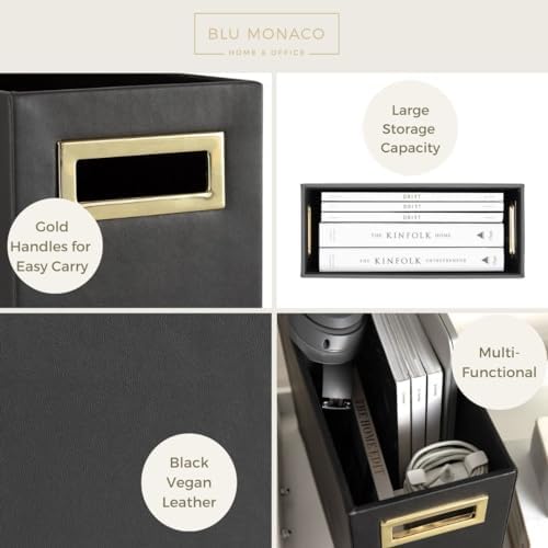 BLU MONACO | Black Leather Magazine Basket with Gold Handles | Floor Magazine Rack & Newspaper Stand | Modern Bathroom and Home Storage Organizer - Image 3