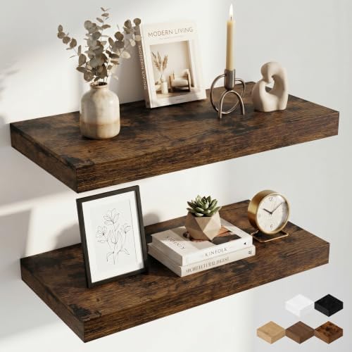 Fun Memories Floating Shelves 24 Inch Long, 9.3 Inch Deep Floating Shelf for Lving Room, Bedoom, Kitchen, Deep Wall Shelves for Bathroom, 2 Pack Storage Display Shelf for Books, Decors, Rustic Brown by FunMemories