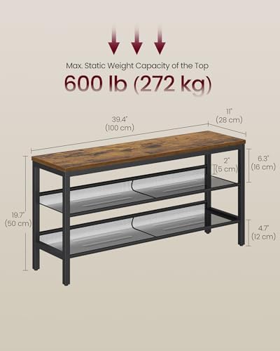 VASAGLE 3 Tier Shoe Rack Bench, One Piece Shelves, Shoe Storage Organizer with Raised Edges, Industrial Style, Easy Assembly, 11 x 39.4 x 19.7 Inches, Rustic Brown and Matte Black ULSB075KD01S - Image 2
