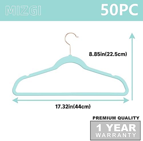 MIZGI Velvet Hangers 50 Pack Non Slip Heavy Duty Aqua Blue Rose Gold Hooks - Image 6