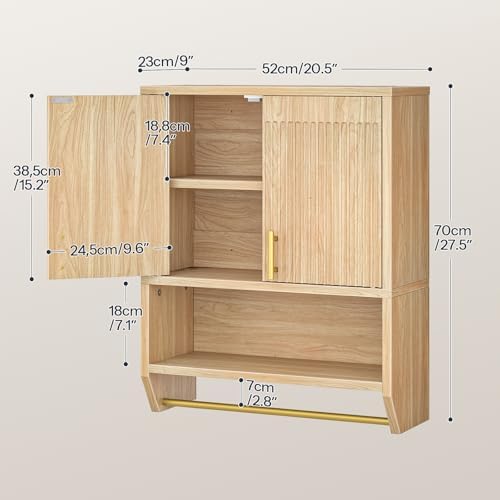 HOOBRO Fluted Bathroom Cabinet with 2 Doors, Farmhouse Bathroom Wall Cabinet with Towel Rack and Open Shelf, Fluted Wall-Mounted Medicine Storage Over The Toilet for Bathroom, Kitchen, Natural - Image 3