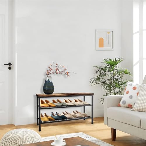 3-Tier Metal Shoe Rack with Wood Top - Durable & Space-Saving Shoe Organizer,Industrial Shoe Organizer Shelf Bench Storagefor Closet Entryway, Bedroom & Hallway - Bronze + Black 28.5 W × 18" H - Image 2