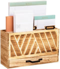 Mind Reader Natural Wood Desktop Mail Organizer with Drawer, 3-Tier Letter Holder with Label Slots, Office Desk Paper Sorter, Brown by MindReader