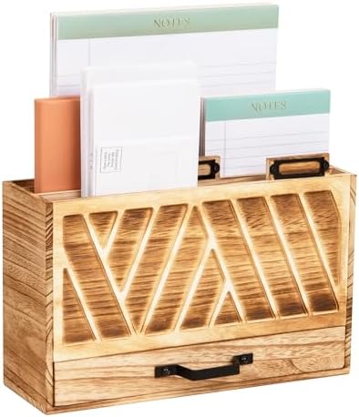 Mind Reader Natural Wood Desktop Mail Organizer with Drawer, 3-Tier Letter Holder with Label Slots, Office Desk Paper Sorter, Brown by MindReader