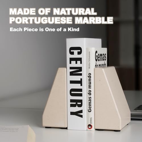 Book End, Natural Marble Bookend for Shelves, Non-Skid Bookends for Heavy Books, Heavy Duty Book Stopper for CDs and Oversized Books, Luxury Book Shelf Holder, Moleanos Beige - Image 2