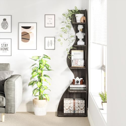 Tribesigns Corner Shelf, Modern 5-Tier Wall Corner Bookshelf, Stylish Corner Small Bookcase Storage Rack Plant Stand with Unique Shape for Living Room, Home Office, (1PC, Gray) - Image 5