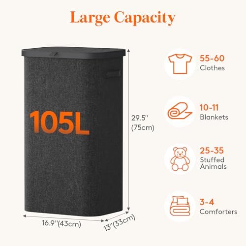 Lifewit 105L Large Laundry Basket with Lid, Laundry Hamper with Plastic Handles and Removable Bag, Foldable Tall Dirty Clothes Hampers for Laundry for Laundry Room, Bedroom, Bathroom, Dorm, Dark Gray - Image 3