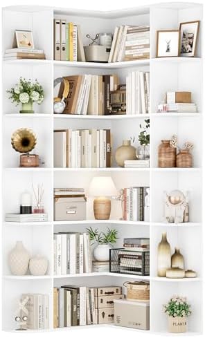 FOTOSOK 72" Tall Corner Bookshelf, 6-Tier Bookshelf and Bookcase, White - Image 6