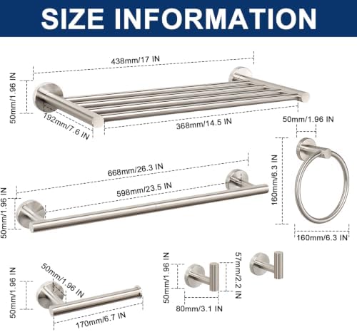 NearMoon Bathroom Accessories Set 6 Pieces, SUS304 Stainless Steel Bathroom Hardware Set, Shower Towel Rack for Kitchen, Towel Holder Wall Mounted (16 Inch, Brushed Nickel) - Image 4