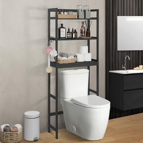 CAPHAUS Over The Toilet Storage Shelf,3-Tier Over-The-Toilet Shelf Rack with Adjustable Feet & Hooks, Freestanding Bamboo Toilet Shelf, Bathroom & Laundry Organizer, Balcony Plant Stand, Black by CAPHAUS