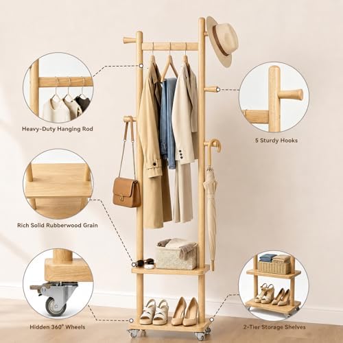 Taitiy Small Clothes Rack Solid Wood Coat Rack Freestanding with Wheels - Image 4