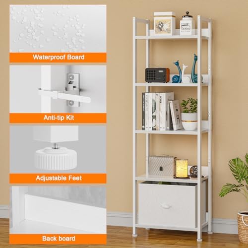 Furologee 5 Tier Bookshelf with Fabric Drawer, Tall Narrow Bookcase, White - Image 4