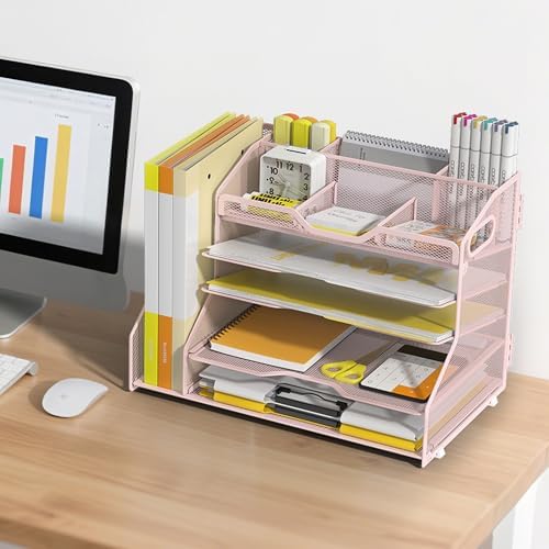 YINGHUA 5-Tier Mesh Desk Organizer and File Holder, Letter Tray - Pink - Image 6