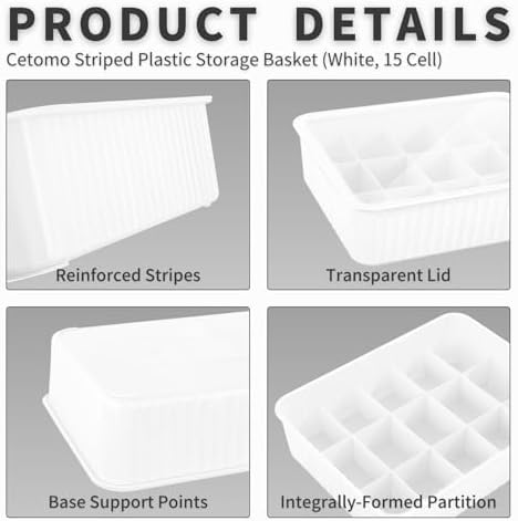 Cetomo 15 Cells Plastic Underwear Sock Drawer Organizer with Lid, Lidded Storage Box with Dividers for Bras and Socks, Basket for Closet, Stackable, White, 15 Compartments (31 x 24 x 8 cm) - Image 2