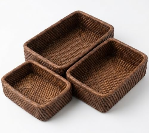 Yangqihome Natural Rattan Storage Baskets, Rectangular Woven Fruit Baskets, Decorative Wicker Basket and Small Baskets for Organizing,Set of 3, (Brown) by YANGQIHOME