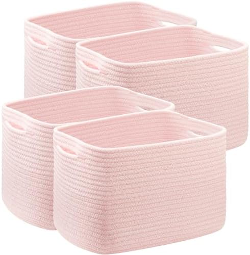 Pink Storage Bins 4 Pack Rectangular Rope Basket for Shelves by MOJOSCEND