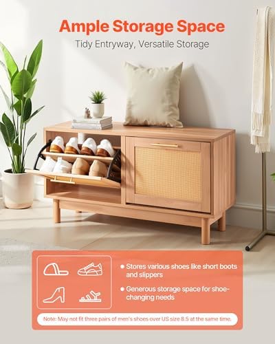 VEVOR Rattan Shoe Storage Bench, Entryway Bench with 2 Flip Drawers, Holds up to 300 lbs with 4 Compartments and 2 Rattan Doors, 39.4 x 11.8 x 20.9 Inches for Hallway, Living Room, Bedroom - Image 3