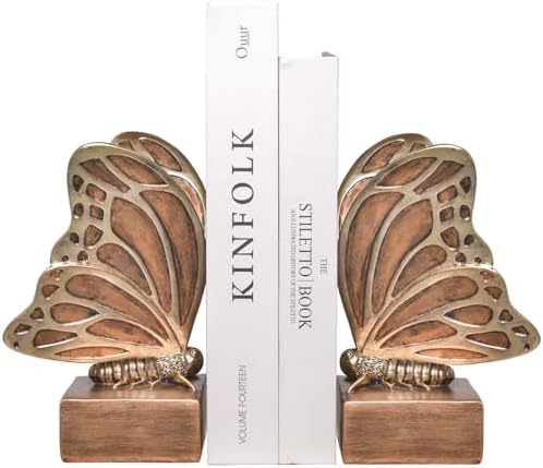 Vintage Brown Butterfly Bookends,Resin Book Ends for Shelves,Heavy Duty Decorative Bookends,Creative Book Stopper Holder Decor for Desk Home Office,Shelf Decoration,Gifts for Mother's Day by Kakizzy