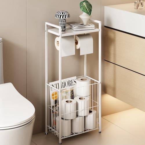 VOLDRA Toilet Paper Holder Stand with Storage Shelf, Free Standing Toilet Paper Roll Holder with Large Basket Heavy Duty Floor Double Tissue Dispenser for Bathroom Freestanding Tp Holder (Matte White) by VOLDRA