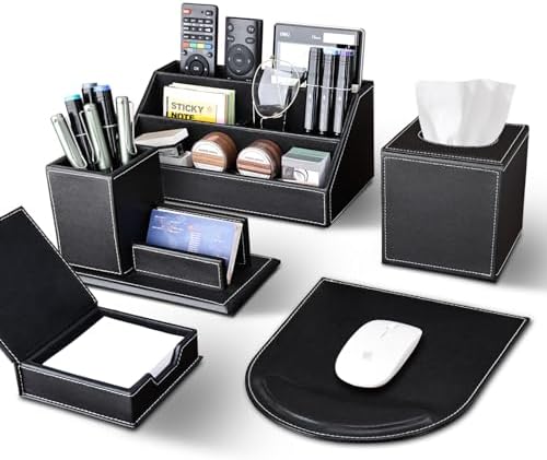 KINGFOM 5PCS Desk Organizer and Accessories Set, Pu Leather Office Supplies with Multifunction Desktop Organizer Storage Box, Tissue Holder, Mouse Pad, Note Paper Holder, Pencil Holder for Desk Black by KingfomLeatherHomeOfficeDecor