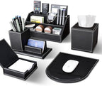 KINGFOM 5PCS Desk Organizer and Accessories Set, Pu Leather Office Supplies with Multifunction Desktop Organizer Storage Box, Tissue Holder, Mouse Pad, Note Paper Holder, Pencil Holder for Desk Black by KingfomLeatherHomeOfficeDecor