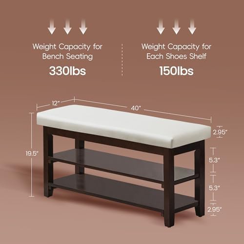 40" Shoe Bench with Leather Cushion, Upholstered Entryway Bench, Ivory - Image 2