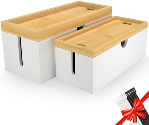 Bamboo Cable Management Box, Large Cord Organizer Box Cable Box to Hide Wires & Power Strips for Desktop Storage Cord Holder for Office Home,No Assembley Required by HoVoit
