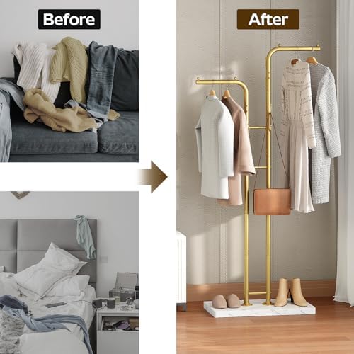 YATINEY Gold Coat Hanger Stand, Floor Standing Coat Rack, Entryway Coat Tree with 8 Hooks and Marble-Look Base, Modern Double-Pole Metal Clothes Rack for Entrance, Living Room, Bedroom, YM02DWY1 - Image 3