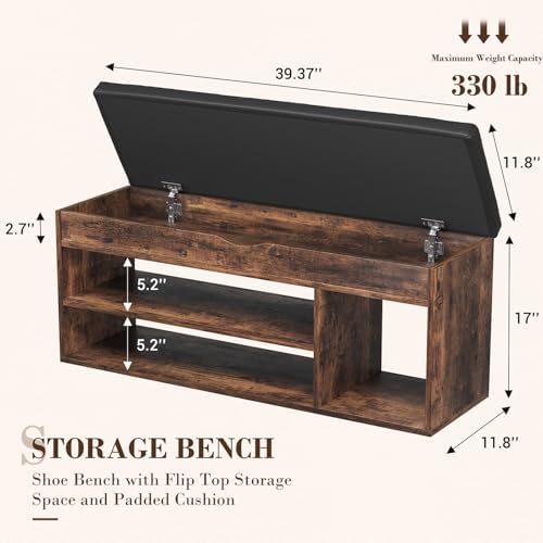 Apicizon 39 Inches Storage Bench with Padded Cushion, Shoe Bench with Storage Space, Upholstered Entryway Bench for Living Room, 2-Tier Shoe Rack Organizer, Brown - Image 2