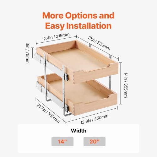 VEVOR 2 Tier Pull Out Cabinet Organizer, 14" W x 21" D Cabinet Drawer, Soft Close Slide out Shelf, Heavy-Duty Sliding Wood Drawer, Adjustable Base Cabinet Organization for Kitchen Pantry Bathroom - Image 7