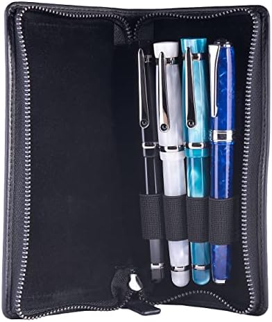 DiLoro Leather Zippered Triple or Quad Pen Case Pencil Pouch Holder for Three or Four Fountain Ballpoint Rollerball Pens or Glasses (Nappa Black) - Image 5