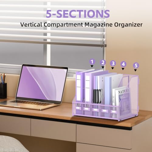 5 Vertical Compartments Magazine Holder, Metal Binder Organizer, Purple - Image 5