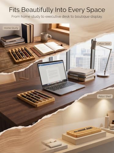 Natural Bamboo 5-Slot Fountain Pen Storage Tray, Anti-Roll Wooden Pen Organizer, Minimalist Zen Desk Pen Holder for Pen Collectors, Office & Study Desktop Stationery Display Tray - Image 3