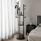 Muwuele Solid Wood Rotary Coat Rack, Freestanding Coat Rack with 3 Shelves and 9 Hooks, Coat tree for Bedroom, Entryway, Livingroom, Coat Hanger Stand for Coats, Scarves, Handbags (Black) - Image 2