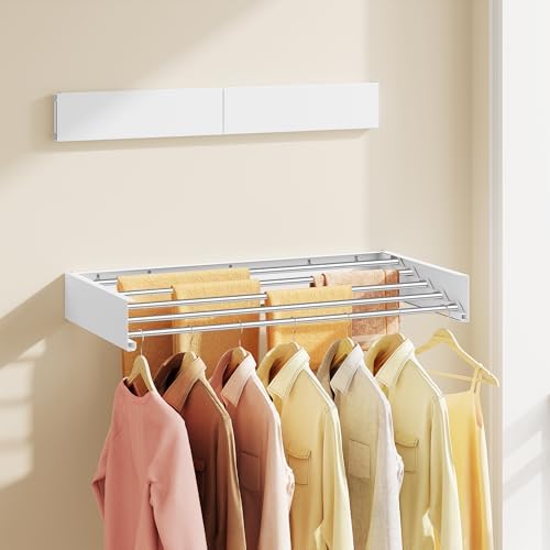 SONGMICS Clothes Drying Rack, Wall-Mounted, Foldable, with Storage Shelf - Image 2