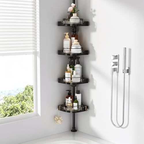 Coner Shower Caddy Tension Pole with 4 Lazy Susan Bathroom Corner Organizer 360° Rotating 35-128 Inch No Drilling Floor Standing Shelves Adjustable Shower Rack for Bathroom (Black) by CVGETME